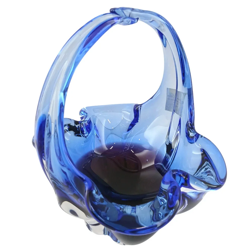 Crystal Clear Basket Hand Blown Art Glass Blue/Pink 7.5